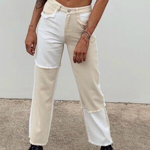 Princess Polly Beige and Cream Colorblock Straight Leg Panel Jeans, size 6